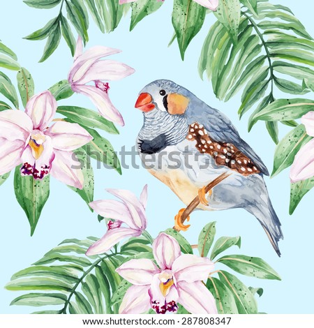 Zebra Finch. Little bird and exotic flower. Seamless, hand painted, watercolor pattern. Vector background