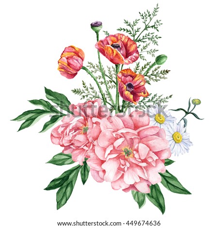 Nice bouquet of garden peonies, red poppies and daisies isolated on white background. Watercolor hand-painted illustration. Great for cards design, scrapbooking