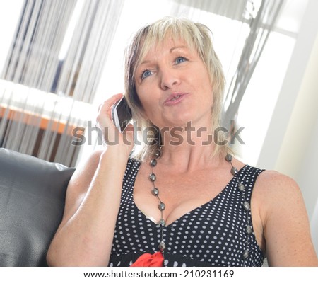 Happy woman phone talking. Face with toothy smile