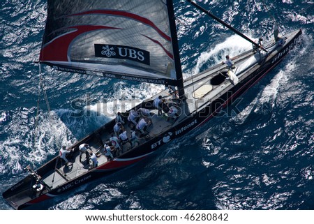 VALENCIA, SPAIN - JUNE 26: Switzerland\'s Alinghi in final match of 32nd America\'s Cup with Team New Zealand June 26, 2007, Valencia, Spain