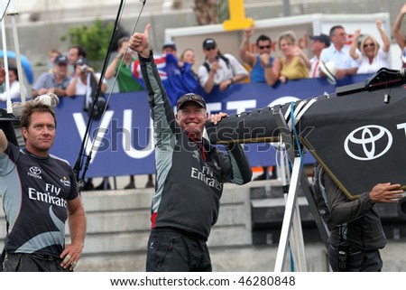 VALENCIA, SPAIN - JUNE 26: Emirates Team New Zealand Dean Barker and Grant Dalton in final match of 32nd America\'s Cup with Switzerland\'s Alinghi June 26, 2007 in Valencia, Spain.