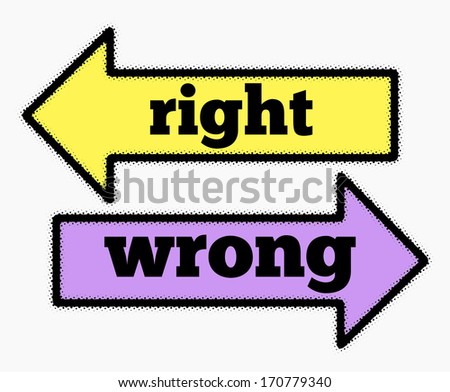 Right and wrong cost signs in yellow and purple arrows concept