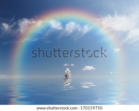 Boat in the sea and rainbow