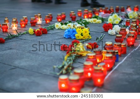 Kiev, Ukraine - January 18, 2015: mourning at the Independence Square for the victims of the bus on the highway Volnovakha, Donetsk region. \