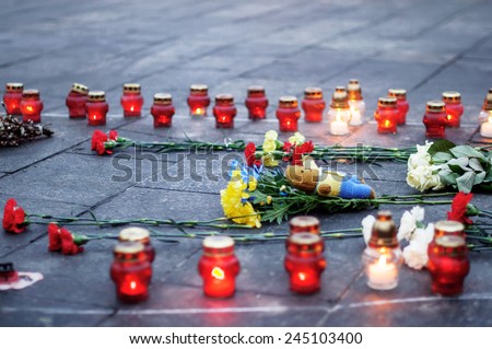 Kiev, Ukraine - January 18, 2015: mourning at the Independence Square for the victims of the bus on the highway Volnovakha, Donetsk region. \