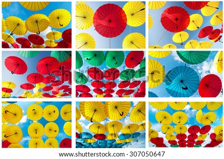 picture set of colorful yellow, red, blue and green  umbrellas under the sky
