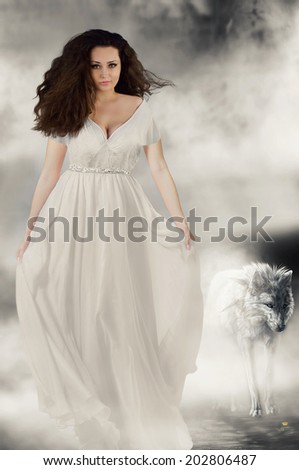 Beautiful girl in white dress with white wolf Book cover Beautiful girl in white dress with white wolf Book cover