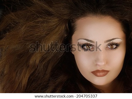 Beautiful woman with long brown hair. Closeup portrait. Fantasy woman.. book cover