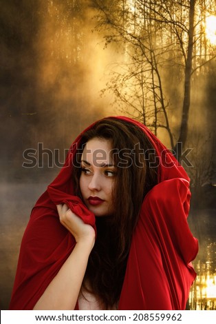 Beautiful young woman in fantasy style. Girl in a red dress. Book cover