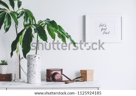 Interior of white home space with mock up poster frame, tropical leaf  and vintage camera. Scandinavian white cupboard concept.