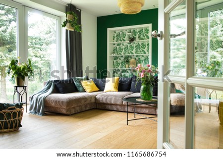 Modern and cozy living room with corduroy sofa, pillows, big window to the garden. Bright and sunny space.