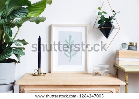 The room interior with  mock up photo frame on the retro wooden shelf and hanging plant in design pot, tropicla plant, candle and design coffe table with books. Concept of minimalistic retro shelf.