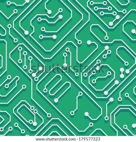 Printed circuit board with a picture of the monitor, system unit, phone, speakers, mouse and headphones, etc.
