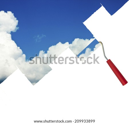 paint roller painting a beautiful blue sky on white background