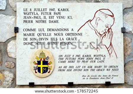 MARSEILLE, FRANCE, OCTOBER 14, 2013: Memorial  plaque at the Cathedral Notre Dame de la Garde in Marseille; On july 8 1947 Carol Woityla, future pope John Paul II,  came here ro pray Our Lady