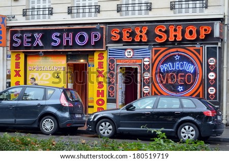 PARIS, FRANCE, OCTOBER 20, 2013: Sex shops  in the Paris red-light district of Pigalle