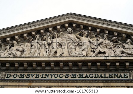 Bas-relief on the facade of the Church of  Madeleine (St. Mary Magdalene) in Paris, France