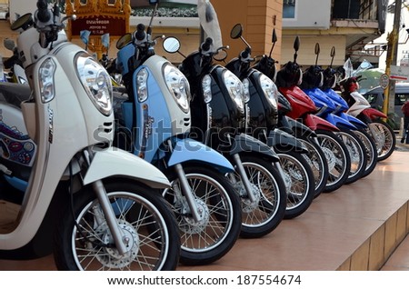 CHIANG RAI, THAILAND, MARCH 24, 2014: Motorcycles in line in a shop in Chiang Rai city, Thailand