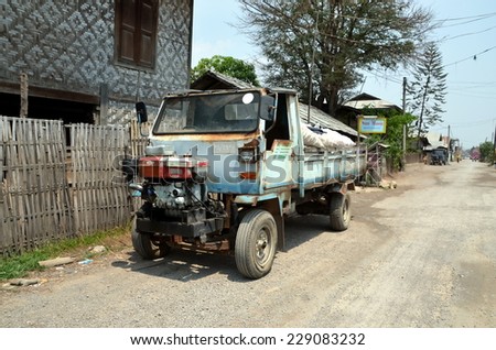 NUANG SHWE, MYANMAR, APRIL 19, 2014 - Very old truck with diesel engine