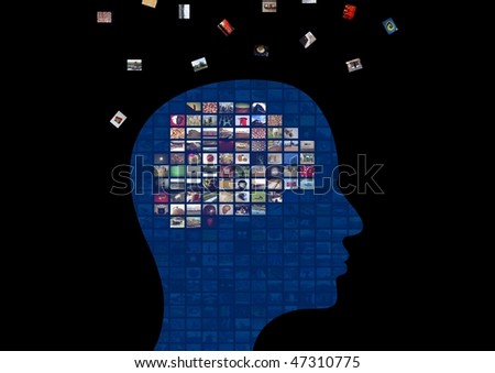 Illustration of a persons head showing the brain made from images that are floating away
