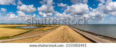 Texel, the Netherlands. Dyke vegetation suffer after period of extreme drought. Flood control in the Netherlands. De Rede near Oudeschild. Typical polder landscape with \'Dutch\' clouds and Wadden Sea.