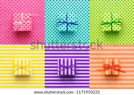 Set of colorful gifts on wrapping paper. Pop art, minimal style background. Cheerful greeting card, flyer, placard, voucher or banner.