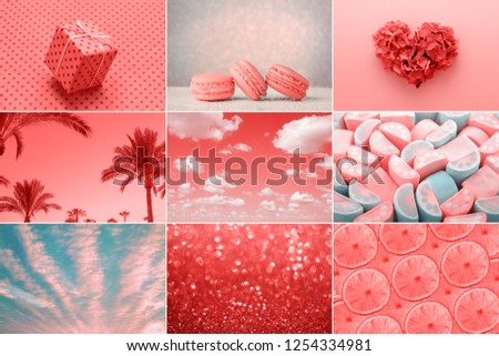 Trendy creative collage in Living Coral color of the Year 2019. Love heart, sweet, holiday gift, fashion.