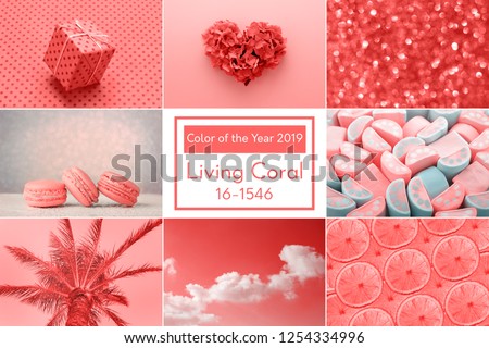 Trendy creative collage inspired by Living Coral color of the Year 2019. Love heart, sweet, holiday gift, fashion.