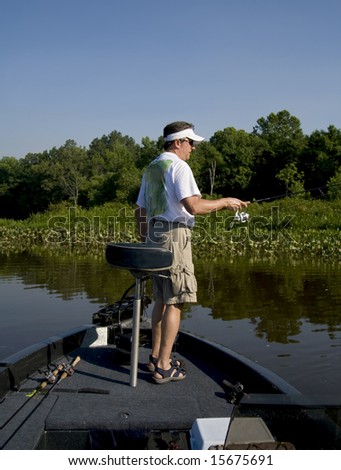 Man fishing in a river off the end of his bass boat.