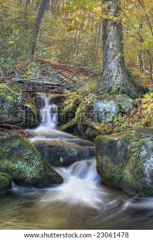 Beautiful autumn waterfall in the woods of mountains during the fall leaf change over.