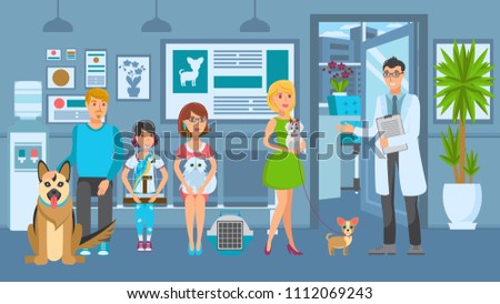 Cartoon people with ill pets sit at reception turn to veterinarian. Vet clinic. Vector illustration.