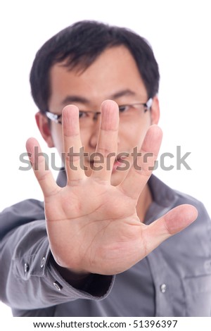 Young asian male model with hand gesture in business shirt