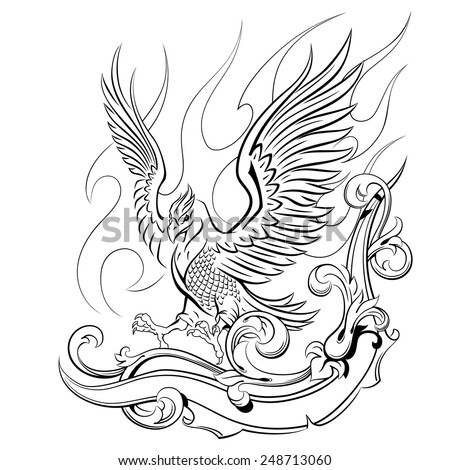 phoenix on a background of flames and oranmental, mythical animals, birds, vector illustration