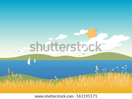Background of a warm summer beach landscape with sailing ships, flowers, wheat and grass.