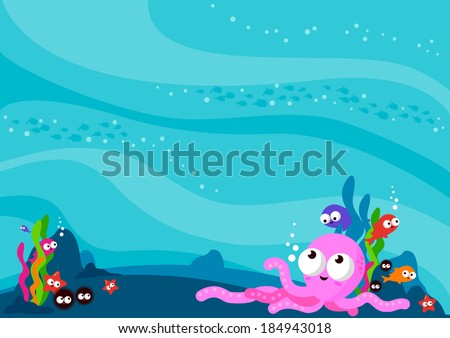 Underwater sea animals background & copy-space. A beautiful underwater background full of colorful sea creatures: octopus, sea urchin, starfish and fish.
