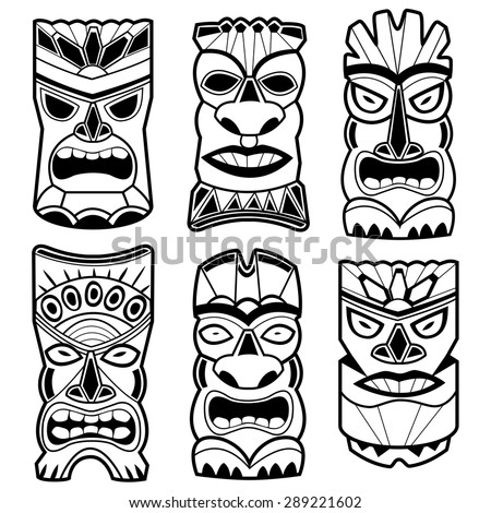 statue totem maori hawaiische schwarzweiss satz maskiert insieme statua hawaiana maschera tattoo bigstock