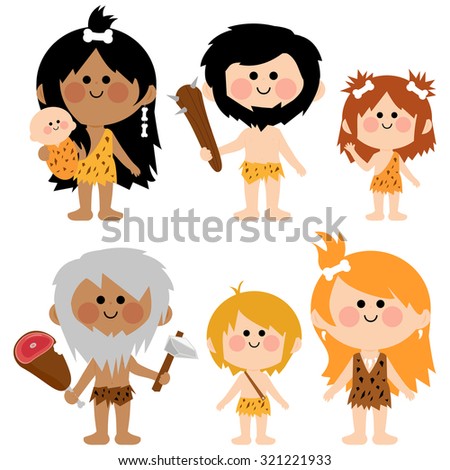 Cavemen people set. Vector cartoon illustration set of men women babies and children cavemen wearing fur and animal skins.