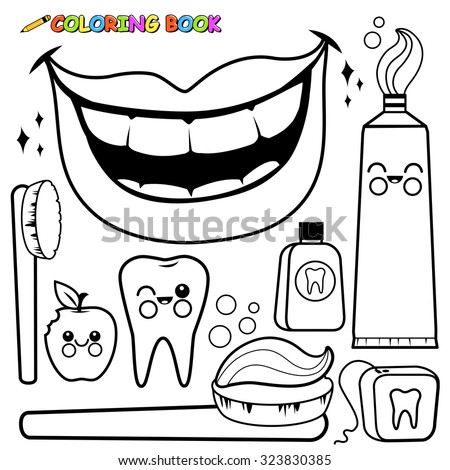 Set of dental hygiene objects : toothbrush, toothpaste, dental floss, mouth wash, tooth, bitten apple and a beautiful mouth smiling with healthy teeth.