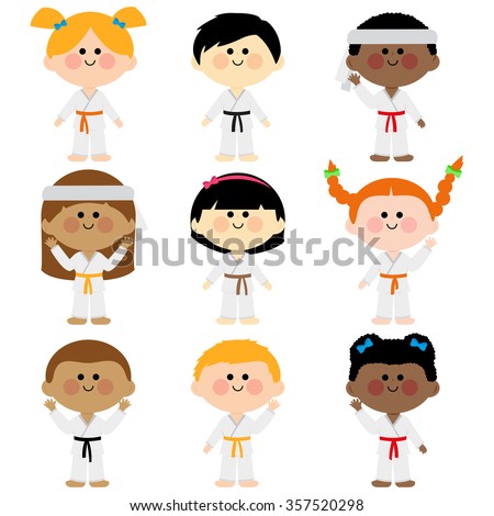Group of kids wearing martial arts uniforms. Multicultural group of children wearing martial arts uniforms: karate, Taekwondo, judo, jujitsu, kickboxing, or kung fu suits vector set