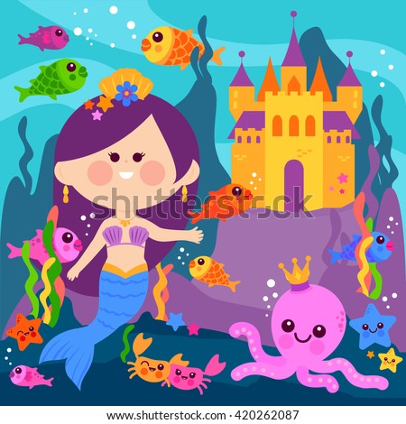 Beautiful mermaid underwater, castle and sea animals.