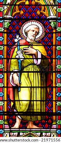 MEZE, FRANCE July 23, 2014: Apostle. Stained glass window in the Cathedral of Meze, South of France