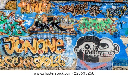 SETE, FRANCE - September 03, 2014: Graffiti tags on the wall of Sete, south of France