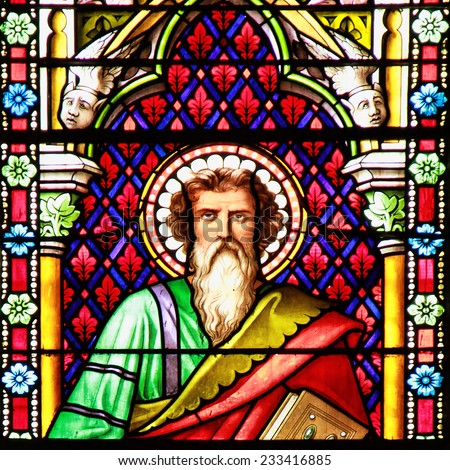 MEZE, FRANCE -July 23, 2014: Apostle. Stained glass window in the Cathedral of Meze, South of France