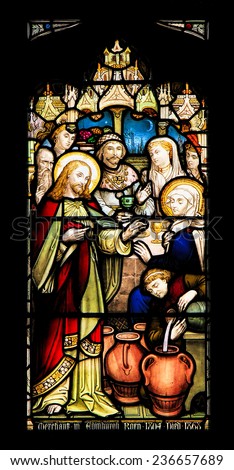 EDINBURGH, SCOTLAND - OCTOBER 02, 2014: Stained glass window illustrated Bible stories in the St Giles' Cathedral of Edinburgh, Scotland, UK.