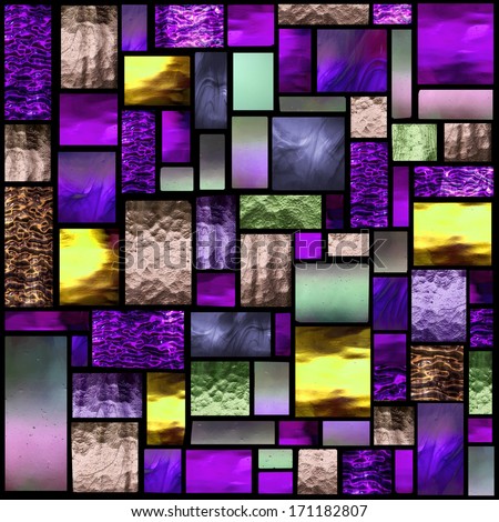Stained glass church window in a purple tone, square orientation