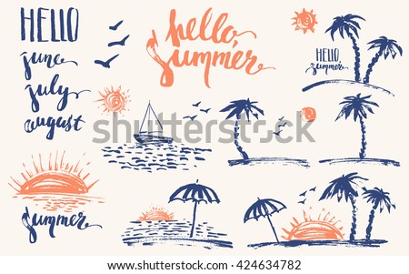 Hand drawn summer design elements in navy blue and orange. Summer prints, palm silhouettes, sun, sunset, ocean, sailboat, hello. Brush lettering, June, July, august.
