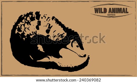 Vector illustration of a symbolic armadillo, sign of wild life, hand drawn animal with squama and tail, retro vintage card in wild west style, wild animal series