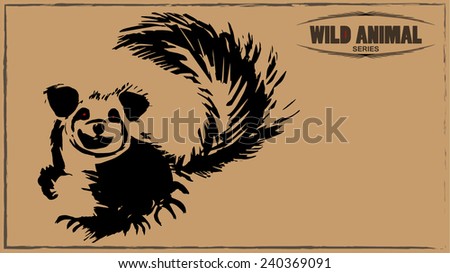 Vector illustration of a symbolic Cacomistle, sign of wild life, hand drawn animal with fur and fluffy tail, retro vintage card in wild west style, wild animal series