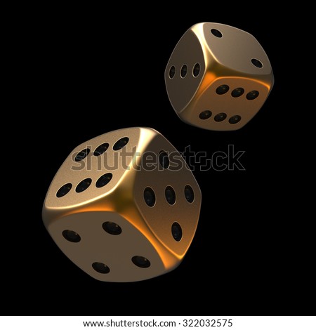 3d golden poker dice with black glossy dots isolated on black background. Lucky poker dice.