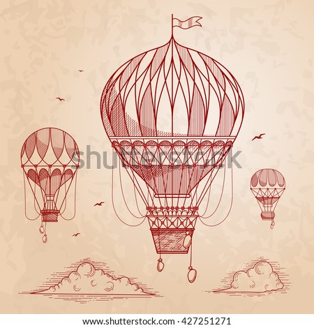 Vintage air balloons. Retro engraving air balloons in the clouds. Vector illustration.